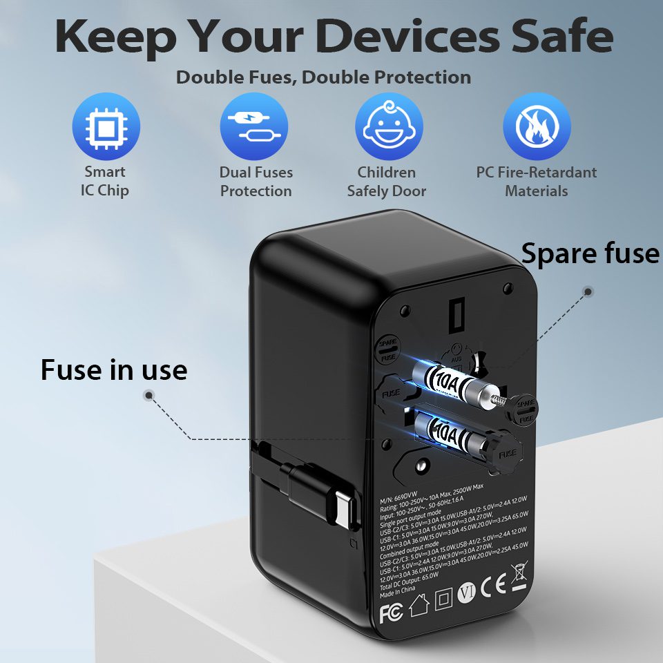 65 Watt Type C Travel Adaptor with In Built Cable 3 1