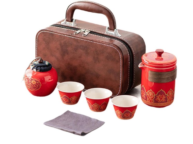 Premium Porcelain Tea Set in Leather Case - Image 4